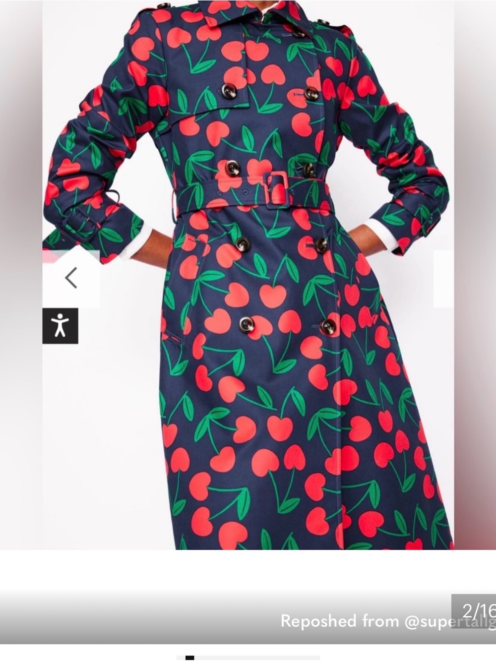 Boden Navy Trench Coat with Red Cherry Print